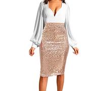 Générique Jupe mi-Longue pour Femmes en Paillettes Unies Style élégant Taille Haute Confortable Parfaite pour soirée (Khaki, L)