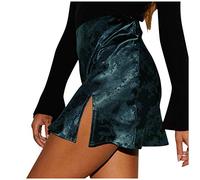 Générique Jupe Satinée Femme Imprimée Florale Fête Élégante Fente Latérale Fermeture Éclair Mini Coupe Cintrée Séduisante (Green, S)