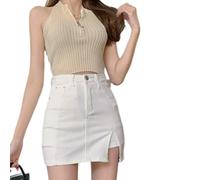 Générique Jupe-Short en Jean Bloomy pour Femme, Mini-Jupe décontractée en Jean Extensible Taille Haute avec Fentes latérales (White,TG)