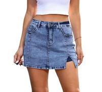 Générique Jupe-Short en Jean Bloomy pour Femme, Mini-Jupe décontractée en Jean Extensible Taille Haute avec Fentes latérales (Blue,TP)