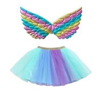 Générique Jupe Tulle Fille Tutu Ailes Fée, Costume Papillon Magique Vacances, Tenue Danse Spectacle Enfant, Vêtement Carnaval Color Block(Sky Blue, 9-11 Years)