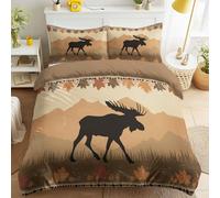 Générique Kaki Parure de Lit Élan Silhouettes Montagnes Herbe Automne Feuilles Parure de Lit, Rustique Totem Duveteux Imprimée Traditionnel Tribal Housse de Couette pour Adultes & Enfants - 150 x 200