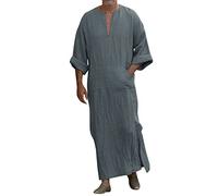Générique Kamis Homme Musulman Robe Simple de Prière Lâche Caftan Marocain Robe Soiree col en V en Coton Lin Robe à Manches Courtes Dubai Peignoir Saoudien Arabe Robe Arabe Chemises