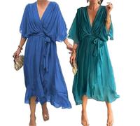 Générique Keepholdon Dress, Elegant V-Neck Maxi for Women, High Waist Chiffon Outfit with Sleeves and Asymmetrical Hem