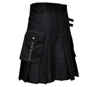 Générique Kilt Ecossais Homme Noir Complet Taille Élastique Jupe Plissée Médiévale en Coton Longue Grande Steampunk Respirant Couleur Unie Cosplay Tartan Irlandais