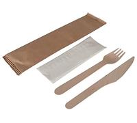 Générique Kit Couverts 3/1 écologique (Couteau + Fourchette + Serviette) en Bois à Usage Unique, Emballage Kraft, Lot de 250 pièces