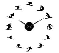 Générique Kit d’Horloge Acrylique Moderne thème Silhouette de Sport de Ski, Horloge Murale sans Cadre 3D avec Autocollants miroirs pour Salon (Noir, 27 Pouces)