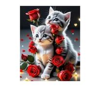Générique Kit de Peinture Diamant 5D, Motif Chatons avec Roses Rouges, Art de Bricolage Décoratif