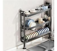 Générique Kitchen Sink Dish Storage Rack Adjustable Dish Drainer Double-Tier and Three-Tier Dish Storage Rack Large Capacity Perfect for Countertop Storage,Black-Three-Layer