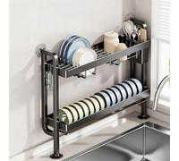 Générique Kitchen Sink Dish Storage Rack Adjustable Dish Drainer Double-Tier and Three-Tier Dish Storage Rack Large Capacity Perfect for Countertop Storage,Black-Double Layer