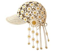 Générique Knitted Sunflower Hollow-Out Baseball Cap, Women Handmade Boho Flower Hat with Decorative Tassels, for Travel Outdoor