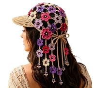 Générique Knitted Sunflower Hollow-Out Baseball Cap, Women Handmade Boho Flower Hat with Decorative Tassels, for Travel Outdoor
