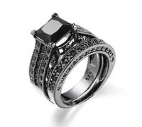 Générique La Saint-Valentin Bague 2 en 1 engagement Womens Silver Ring Wedding Band Black Set Rings (c-Black, One Size)