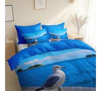 Générique Lac Bleu Housse de Couette 240 x 260 cm, avec 2 Taies d'oreiller 65x65 cm, MotifCiel Bleu Et Nuages Blancs sur La Jetée, Parure de Lit avec Fermeture Éclair, Couette 4 Saisons