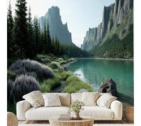 Générique Lac Montagne Nature Papier Peint Forêt Alpine Papier Adhesif Paysage Naturel Autocollant Mural 150x105 cm Poster Mural pour Chambre Salon