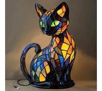 Générique Lampe chat en vitrail, lampe chat pour amoureux des chats, lampes chats lumineuse, lampe chat en vitrail, veilleuse de table rétro chats A)
