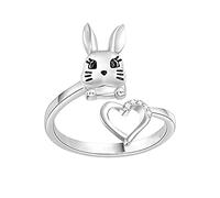 Générique Lapin Amour Bague Incrusté Ouverture Réglable Bande Dessinée Mignonne Dame Bague Bague Argent Femme (Silver-e, One Size)