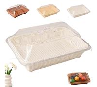 Générique Large Handwoven Rattan-Style Bread Basket with Clear Acrylic Lid, Hand Woven Imitation Rattan Food Cover, Woven Wicker Bread Basket for Serving Snacks, Fruits And Vegetables. (WHITE,M)
