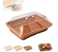 Générique Large Handwoven Rattan-Style Bread Basket with Clear Acrylic Lid, Hand-Woven Rattan Food Covers - for Storing Fruits/Vegetables, Snacks, and Dried Fruits (Brown,M)