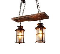 Générique LAUMZX Lustre en bois rustique de 21,6 po, éclairage d'îlot industriel à 2 lumières avec poutres vintage et lanternes verre, suspension linéaire ferme for table manger, îlot cuisine