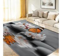 Générique Lavable Doux Tapis Nature, 60 x 90 cm Antidérapant Tapis Imprimé Galets Surface l'eau Papillons Fleurs pour Chambre Salon Bureau Cuisine Decoration, Gris Légère Moquette Poil Ras