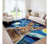 Générique Lavable Machine Tapis Post-impressionnisme Peinture à l'huile Dessous Antidérapant, Ciel étoilé Lapin Tapis Pile Courte 60 x 90 cm pour Salon Salle à Manger Chambre Cuisine Entrée