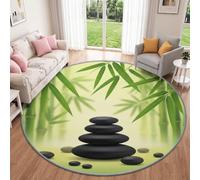Générique Lavable Oriental Nature Plantes Tapis Rond Salon Chambre 150 cm | Noir Cailloux Feuilles De Bambou Tapis Antidérapant doux pour Chambre Cuisine Balcon Terrasse Salle à Manger Décoration