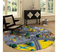 Générique Lavable Tapis Rond 100 cm, Plan D'Architecture Urbaine Rayures Motif Doux Antidérapant Tapis à Poils Courts Style Dessin Animé Flanelle pour Chambre Salon Cuisine Bureau Décorations