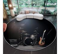 Générique Lavable Tapis Rond imprimé 160 cm - antidérapant Tapis à Poils Ras de Motif Moderne Batterie Guitare Électrique pour Salon Chambre étude Appartement Salle à Manger décoration, Noir