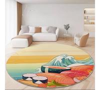 Générique Lavable Tapis Ronds pour Décoration du Salon 60 cm, Artistique Japonais Dessin Animé Nourriture Imprimer Jaune Antidérapant Tapis à Poils Ras - Convient pour Nursery Chambre d'enfants