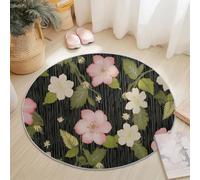 Générique Lavable Tapis Ronds pour Décoration du Salon 90 cm, Vintage Feuilles Vertes Fleurs Imprimer Noir Antidérapant Tapis à Poils Ras - Convient pour Nursery Chambre d'enfants