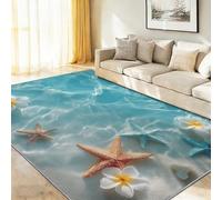 Générique Lavable Tapis Salon 60 x 120 cm, Tropical Marin Étoile De Mer Fleurs Frangipanier Tapis Antidérapant Poil Ras pour Chambre d'enfant, Bureau & Ados, Décoration Intérieure Tapis de Sol, Bleu