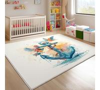 Générique Lavables Tapis de Salon Blanc, 80x150 cm Entretien Facile Intérieur Moquette - Illustration D'Ancre à L'Aquarelle Petit Tapis Poils Ras Antidérapant pour Chambre d'enfant et Adulte