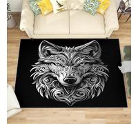 Générique Lavables Tapis de Salon Motif TêTe de Loup Celtique, 60x90 cm Entretien Facile Intérieur Moquette - Noir Petit Tapis Poils Ras Antidérapant pour Chambre d'enfant et Adulte
