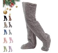 Générique Leeope Goose Down Knee Socks for Christmas, Winter Warm Long Fuzzy Thigh High Socks, Christmas Plush Sock (Gray)