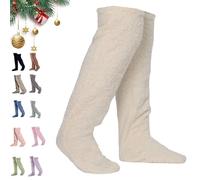 Générique Leeope Goose Down Knee Socks for Christmas, Winter Warm Long Fuzzy Thigh High Socks, Christmas Plush Sock (Off-white)