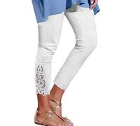 Générique Legging 3/4 Femme Taille Haute Capri Court avec Dentelle Patchwork Extensible Elastique Couleur Unie Doux Confortable pour Yoga Fitness Gym Course A Pied Plage Et Quotidiennes
