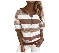 Générique Léopard rayé Couture Longue Manche Pull Pull-Over Sweat-Shirt Femmes Zipper Chemisier pour Femmes (Brown, S)