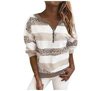 Générique Léopard rayé Couture Longue Manche Pull Pull-Over Sweat-Shirt Femmes Zipper Chemisier pour Femmes (White, XL)