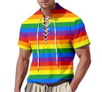 Générique LGBT T-Shirt À Manches Courtes Homme Imprimé Arc-en-Ciel pour Le Mois des Fiertés Chemise Pirate Homme Col en V, À Lacets Style Rétro Viking Médiévales Vintage Déguisement Pirate