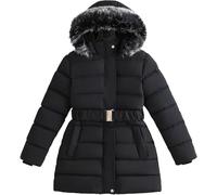 Générique L'hiver Des Filles Épaissi Chaud Avec Un Col En Fausse Fourrure Doudoune À Capuche Mode Couleur Unie Lâche Doudoune De Ski Décontractée Avec Ceinture (Noir,150)