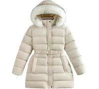 Générique L'hiver Des Filles Épaissi Chaud Avec Un Col En Fausse Fourrure Doudoune À Capuche Mode Couleur Unie Lâche Doudoune De Ski Décontractée Avec Ceinture (Beige,120)