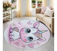 Générique Licorne Tapis Rond Enfant 160 cm, Lavable & Antidérapant, Rose Grisâtre Cœurs Dessinés à la Main Mignon Animal Tapis de Jeux Doux pour Chambre Bébé & Nurserie