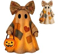 Générique Lighted Vintage Patchwork Ghost, Light Up Ghost with Pumpkin Lantern Halloween Decor, LED Rustic Farmhouse Ghosts Figurines for Tabletop Shelfs Mantel Tiered Tray