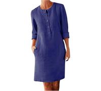 Générique Linen Cotton Dress for Women Women's Half Button Down Linen Dress Button Up Shirt with Pockets Round Neck (Dark Blue,TG)