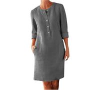 Générique Linen Cotton Dress for Women Women's Half Button Down Linen Dress Button Up Shirt with Pockets Round Neck (Dark Gray,Grand)