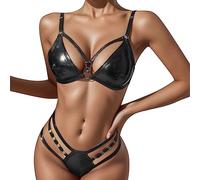 Générique Lingerie - Femmes Mode Lingerie 2Pack PU Cuir Harnais Lingerie Ensemble avec ChaîNe LiéE Main Anneau