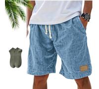 Générique Lininco Mens Shorts, 2025 Men's Breathable Linen Embroidered Logo Loose Holiday Linen Shorts (Blue,Grand)