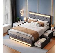 Générique Lit 140 x 190 avec sommier et Rangement, Lit Double avec LED et USB, Tête de Lit Rembourrée Ajustable, pour Adultes et Adolescents, 4 Tiroirs, Gris, Lin, sans Matelas