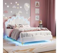 Générique Lit 140x200 avec sommier à Lattes, Lit Enfant Fille en Forme de Couronne, Lits Princesse avec LED et tête Lits Réglabe, lit Double pour Adolescent, Blanc PU, sans Matelas
